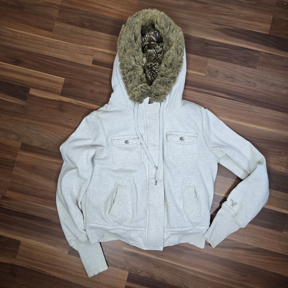 Vintage Y2K American Eagle Faux Fur Lined Zip Hoodie Jacket Cream Small
